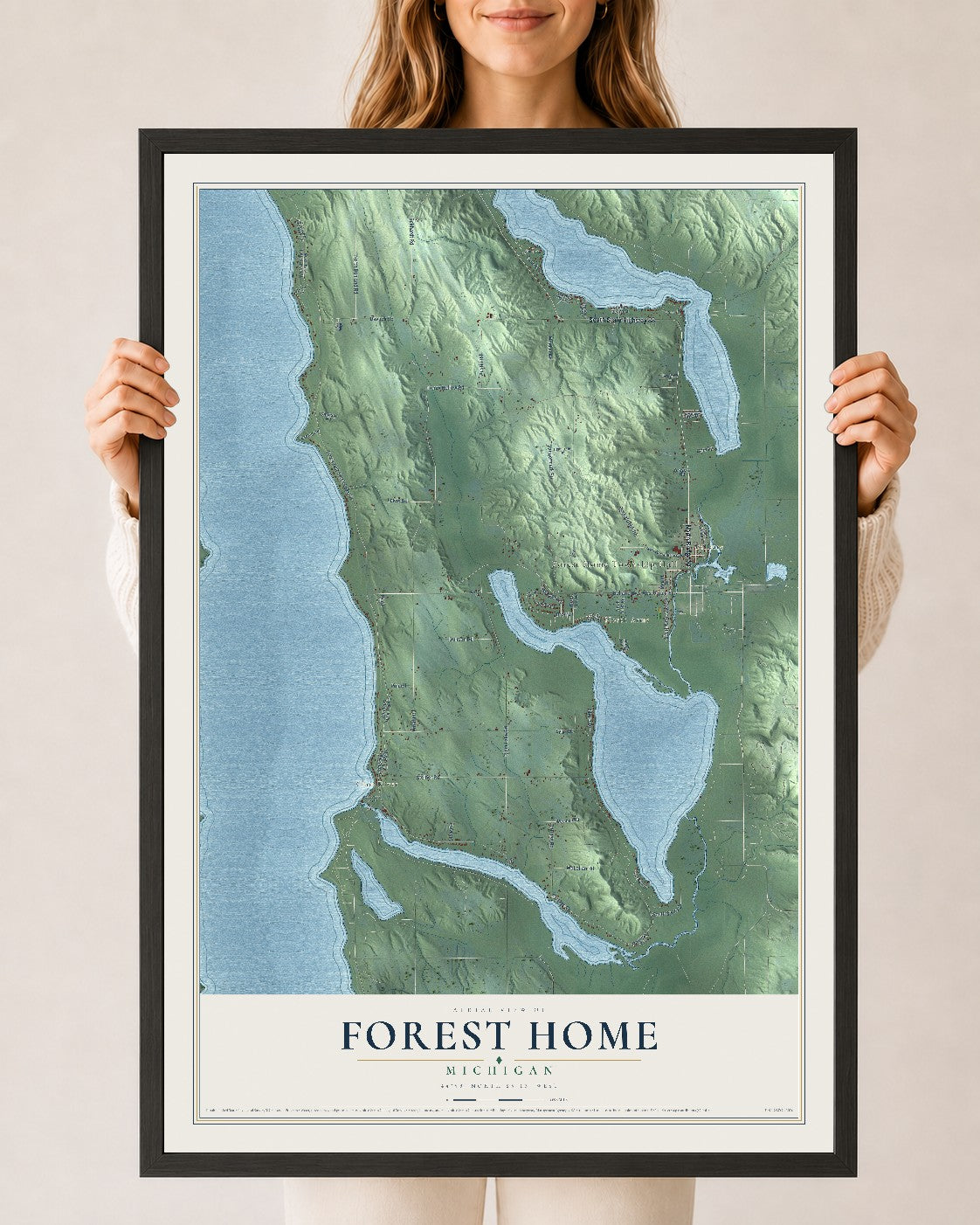 Map of Forest Home, Michigan, 24 x 36 inch print in a black wood frame