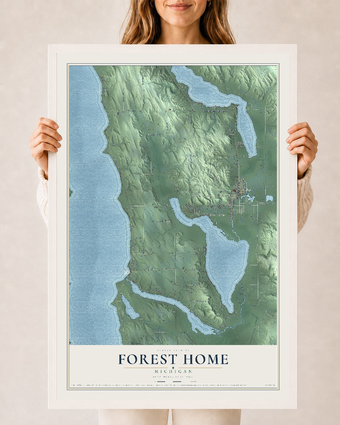 Map of Forest Home, Michigan, 24 x 36 inch print in a white wood frame
