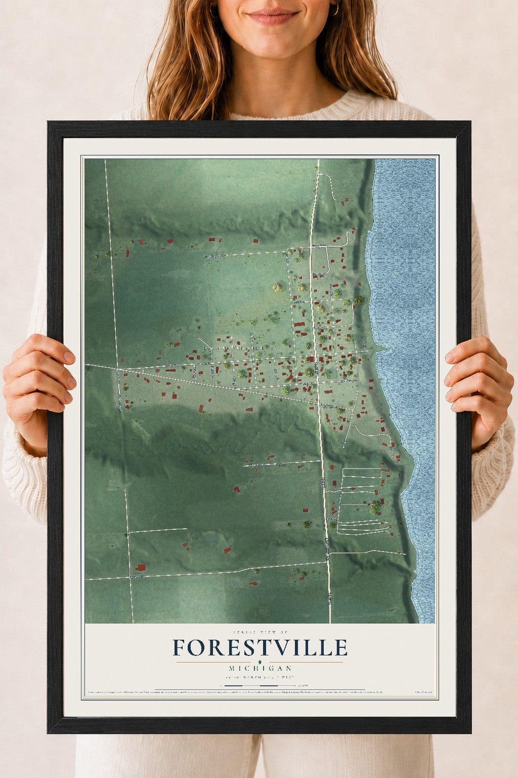 Map of Forestville, Michigan, 18 x 24 inch print in a black wood frame