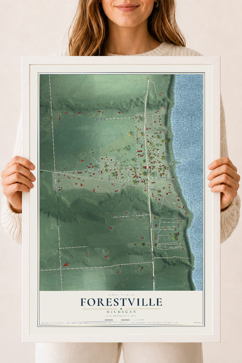Map of Forestville, Michigan, 18 x 24 inch print in a white wood frame