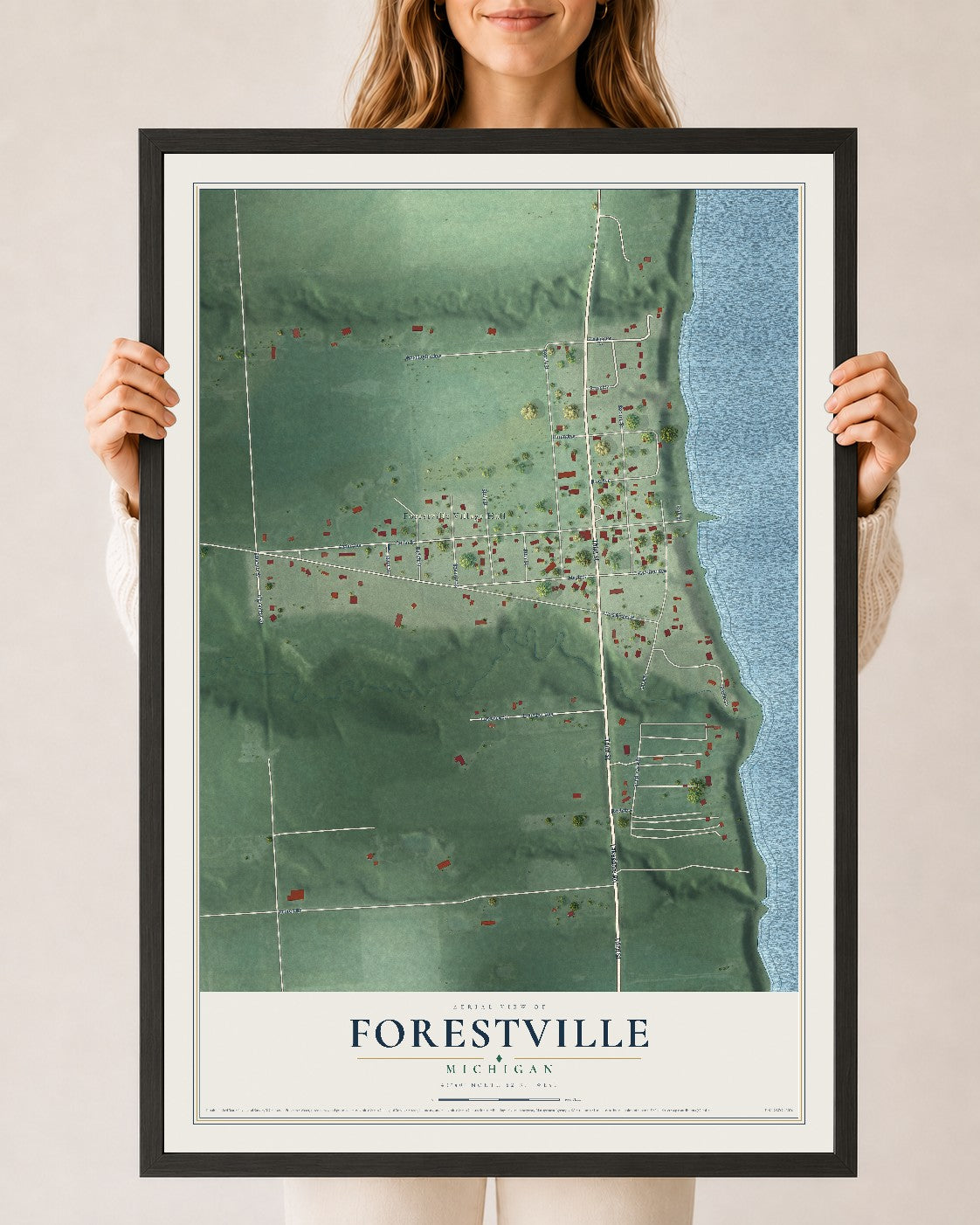 Map of Forestville, Michigan, 24 x 36 inch print in a black wood frame