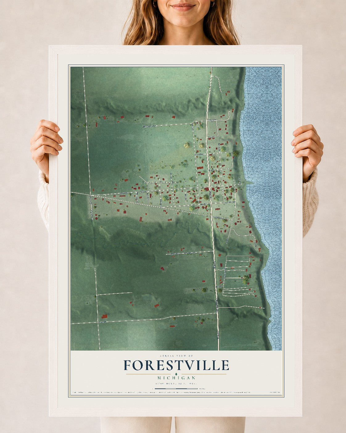 Map of Forestville, Michigan, 24 x 36 inch print in a white wood frame