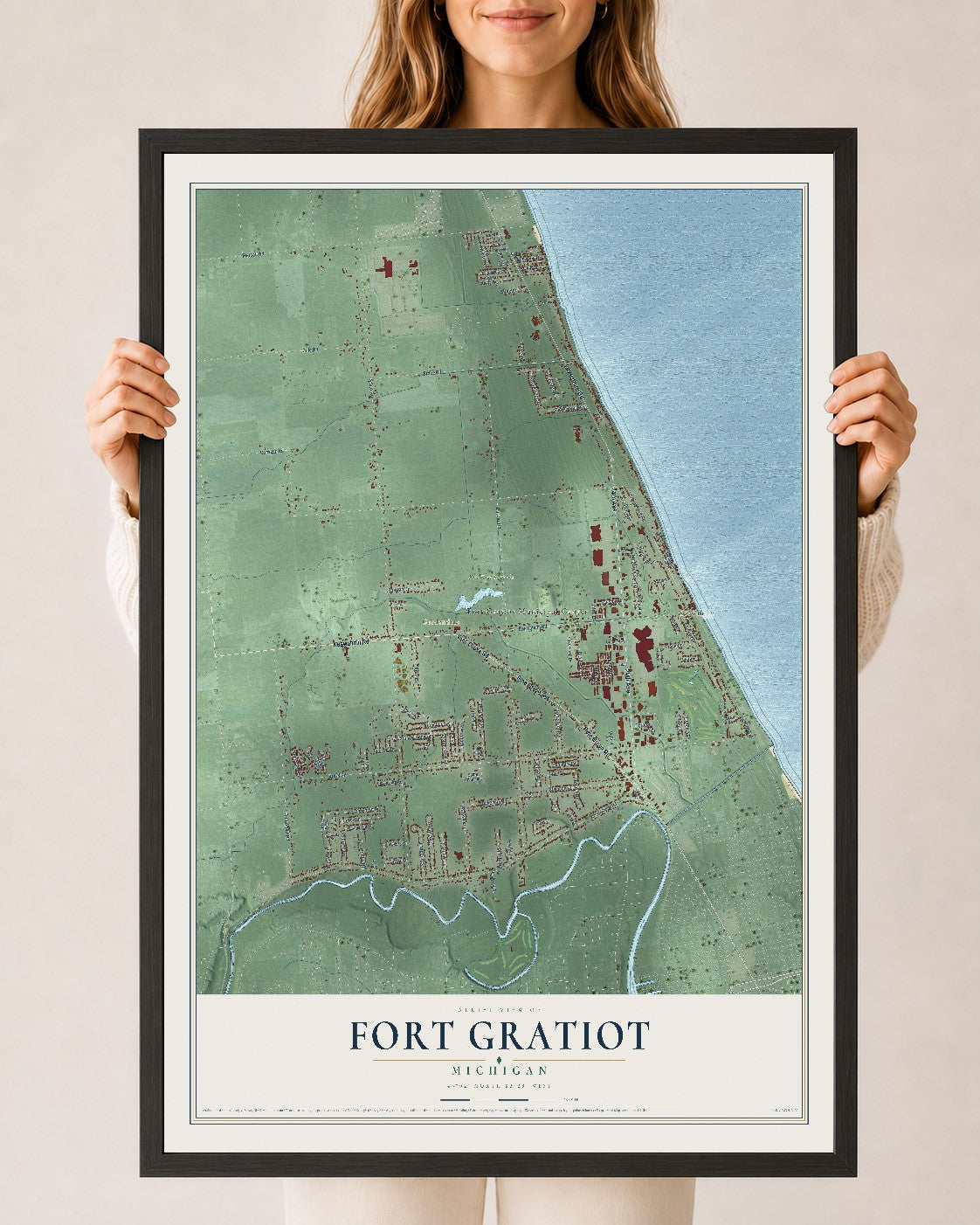 Map of Fort Gratiot, Michigan, 24 x 36 inch print in a black wood frame