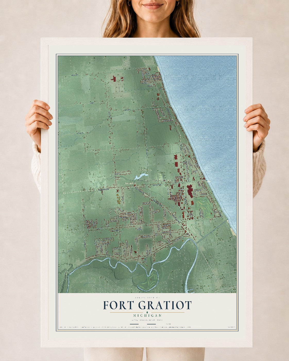 Map of Fort Gratiot, Michigan, 24 x 36 inch print in a white wood frame