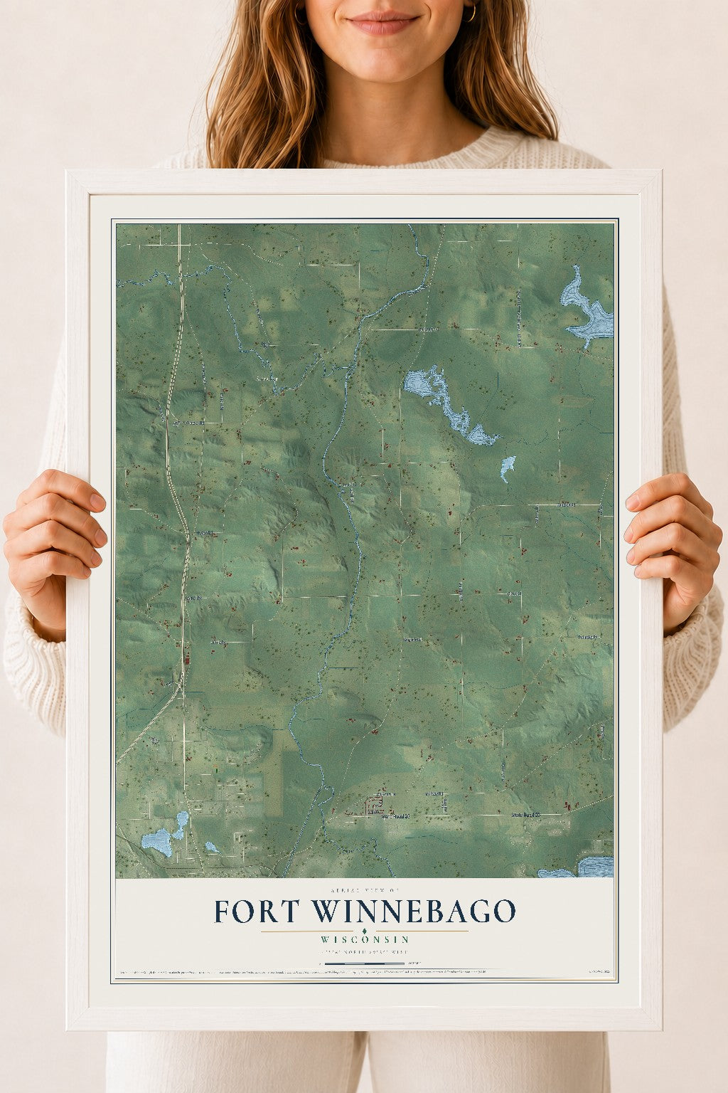 Map of Fort Winnebago, Wisconsin, 18 x 24 inch print in a white wood frame