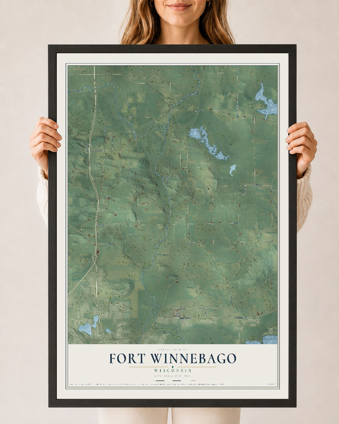 Map of Fort Winnebago, Wisconsin, 24 x 36 inch print in a black wood frame