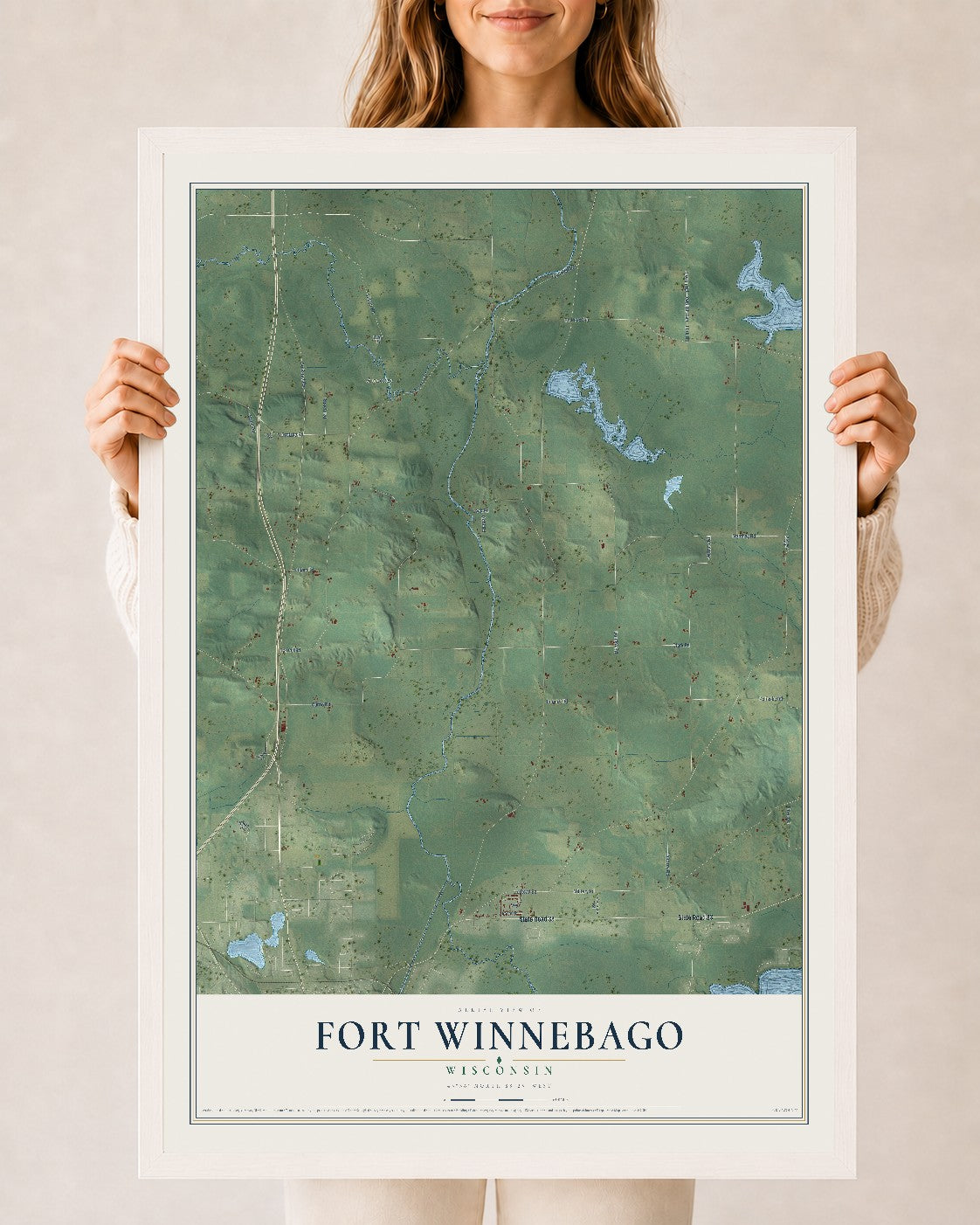 Map of Fort Winnebago, Wisconsin, 24 x 36 inch print in a white wood frame