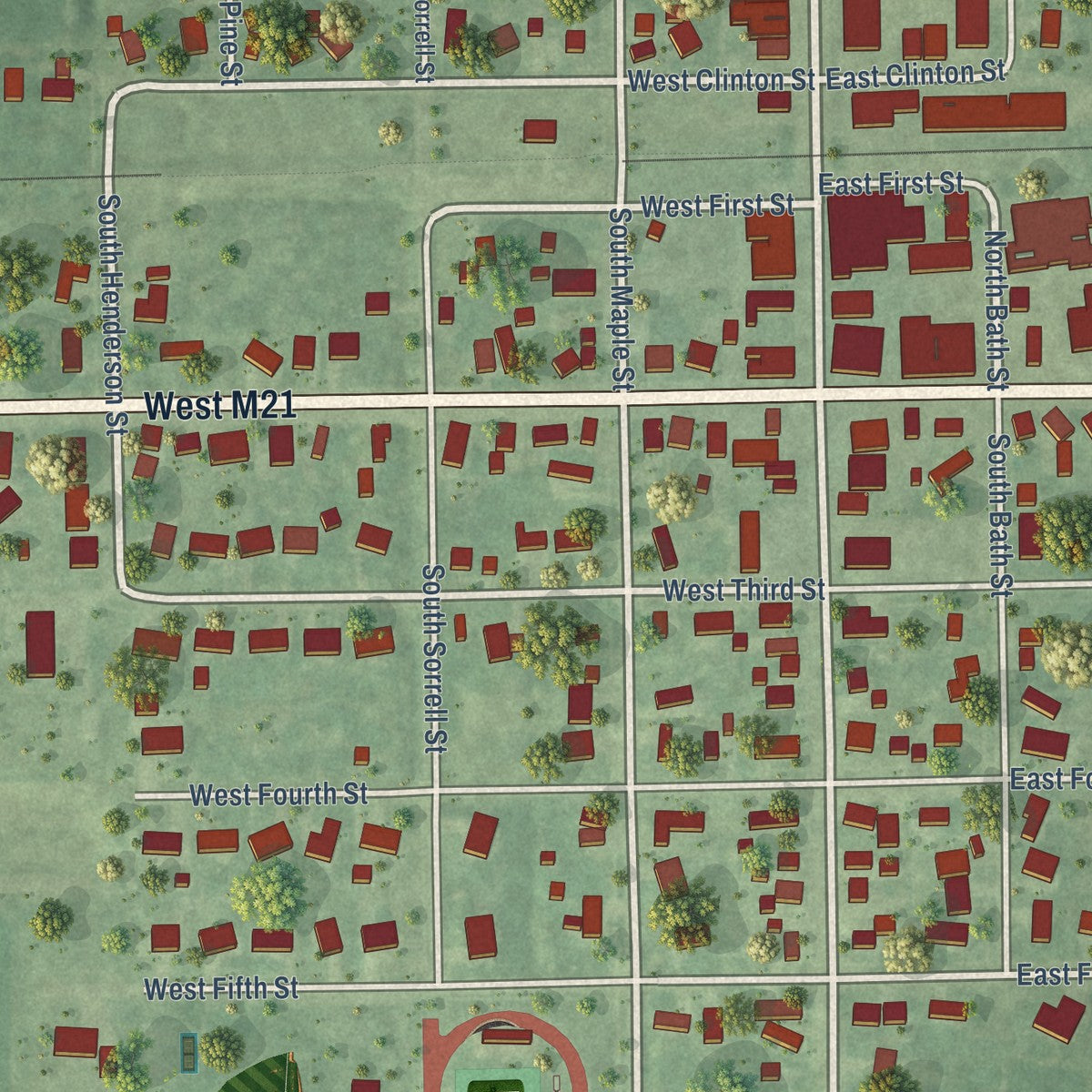Close-up of the map of Fowler, Michigan print showing street and building detail