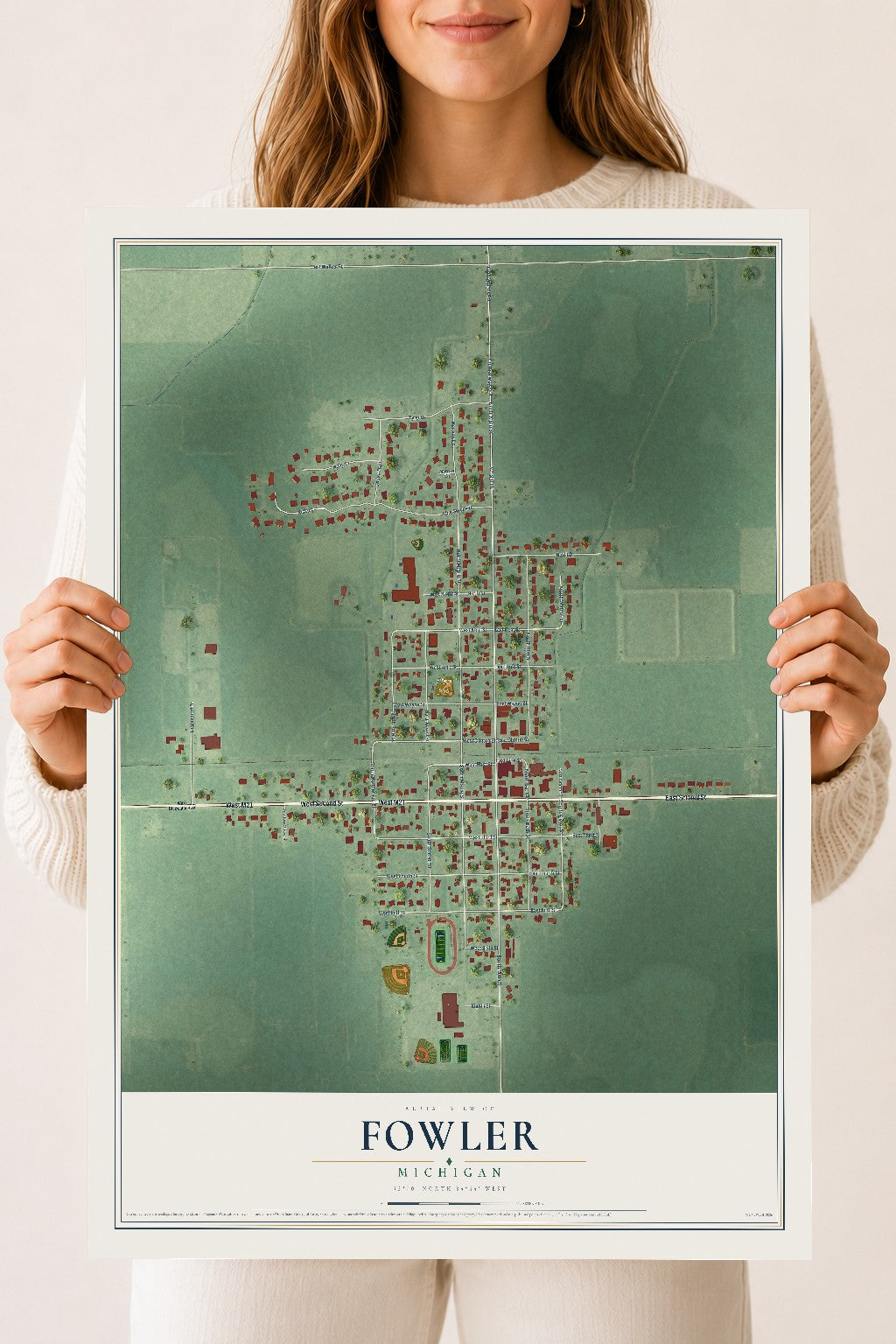 Map of Fowler, Michigan, 18 x 24 inch unframed archival matte print