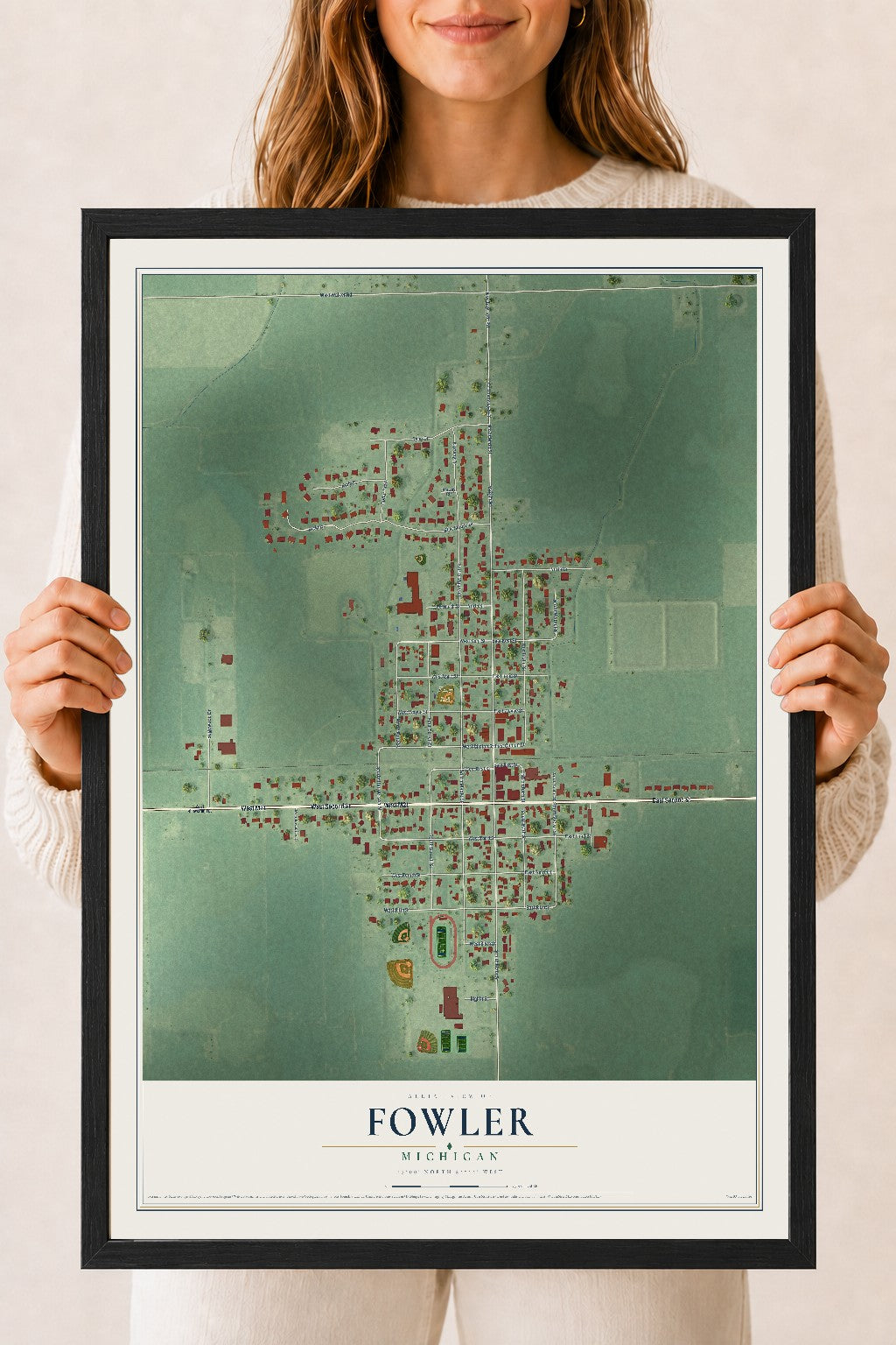 Map of Fowler, Michigan, 18 x 24 inch print in a black wood frame