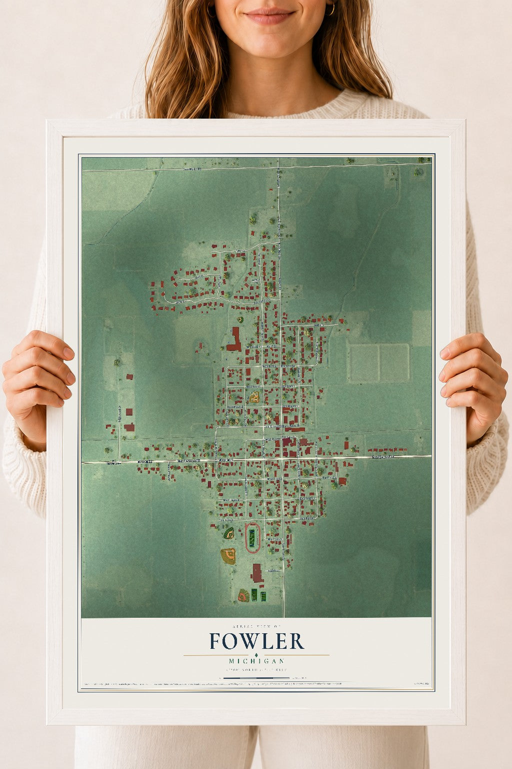 Map of Fowler, Michigan, 18 x 24 inch print in a white wood frame