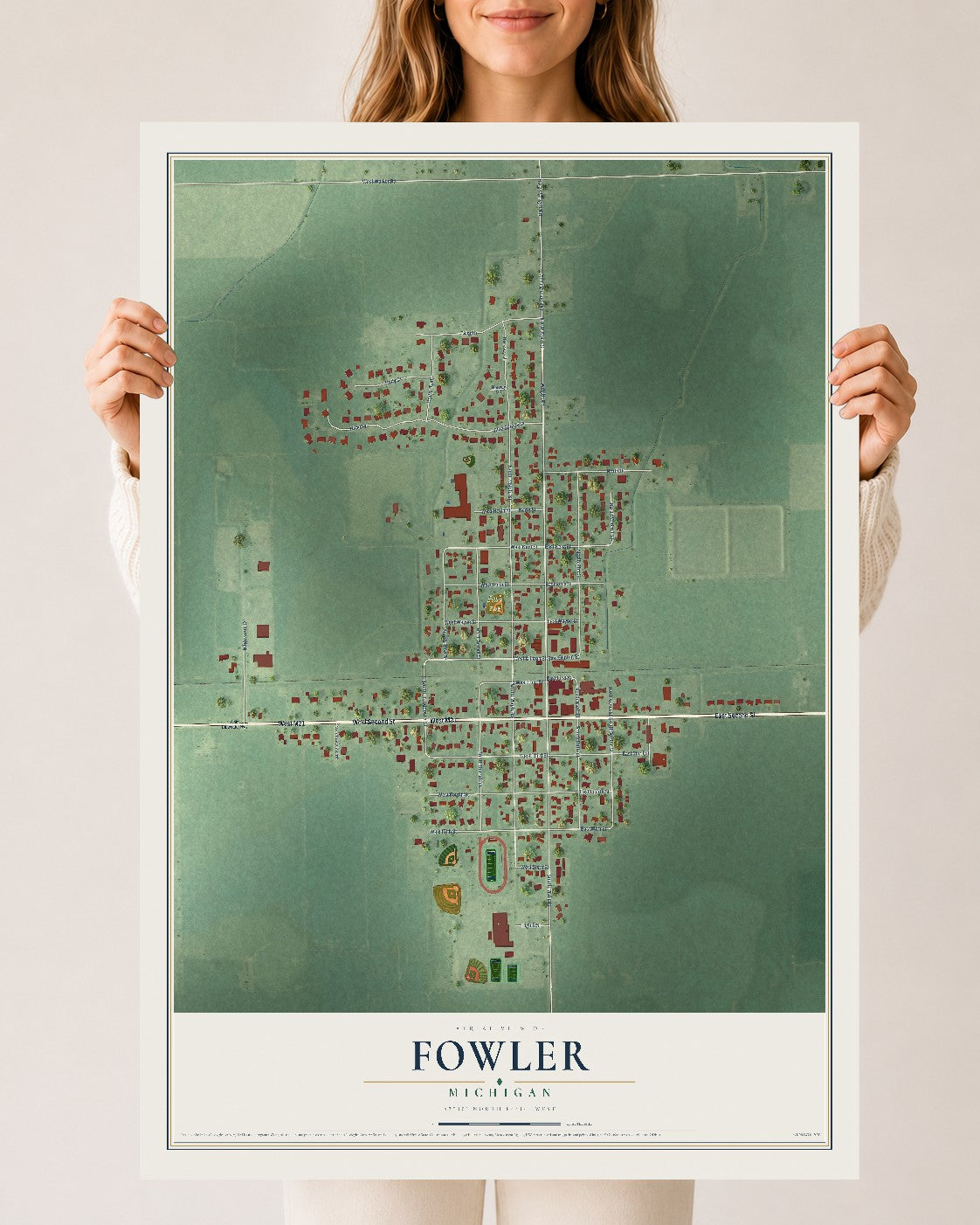 Map of Fowler, Michigan, 24 x 36 inch unframed archival matte print