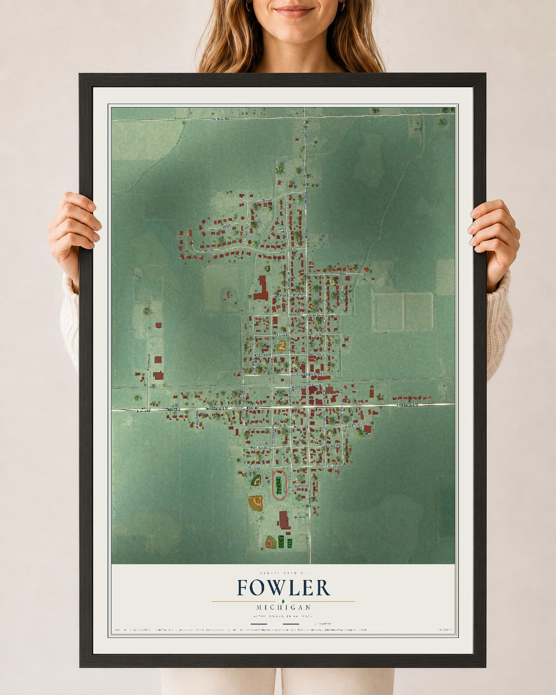 Map of Fowler, Michigan, 24 x 36 inch print in a black wood frame