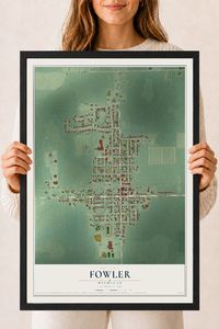 Map of Fowler, Michigan, 18 x 24 inch print in a black wood frame