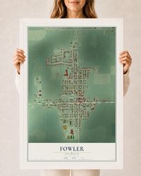 Map of Fowler, Michigan, 24 x 36 inch print in a white wood frame