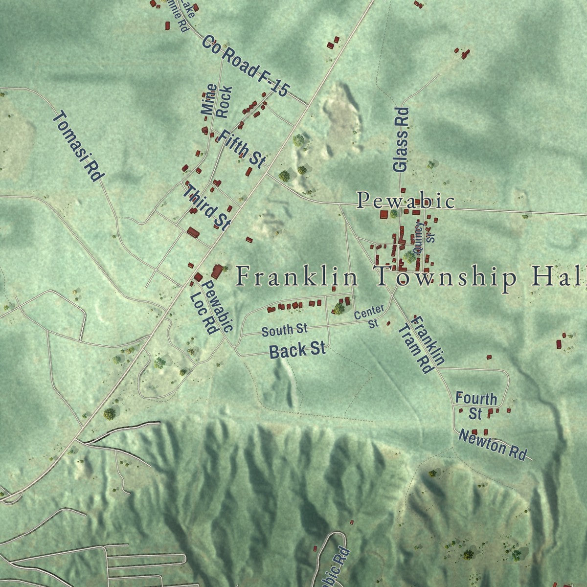 Second close-up of the map of Franklin, Houghton County, Michigan print showing more streets and buildings