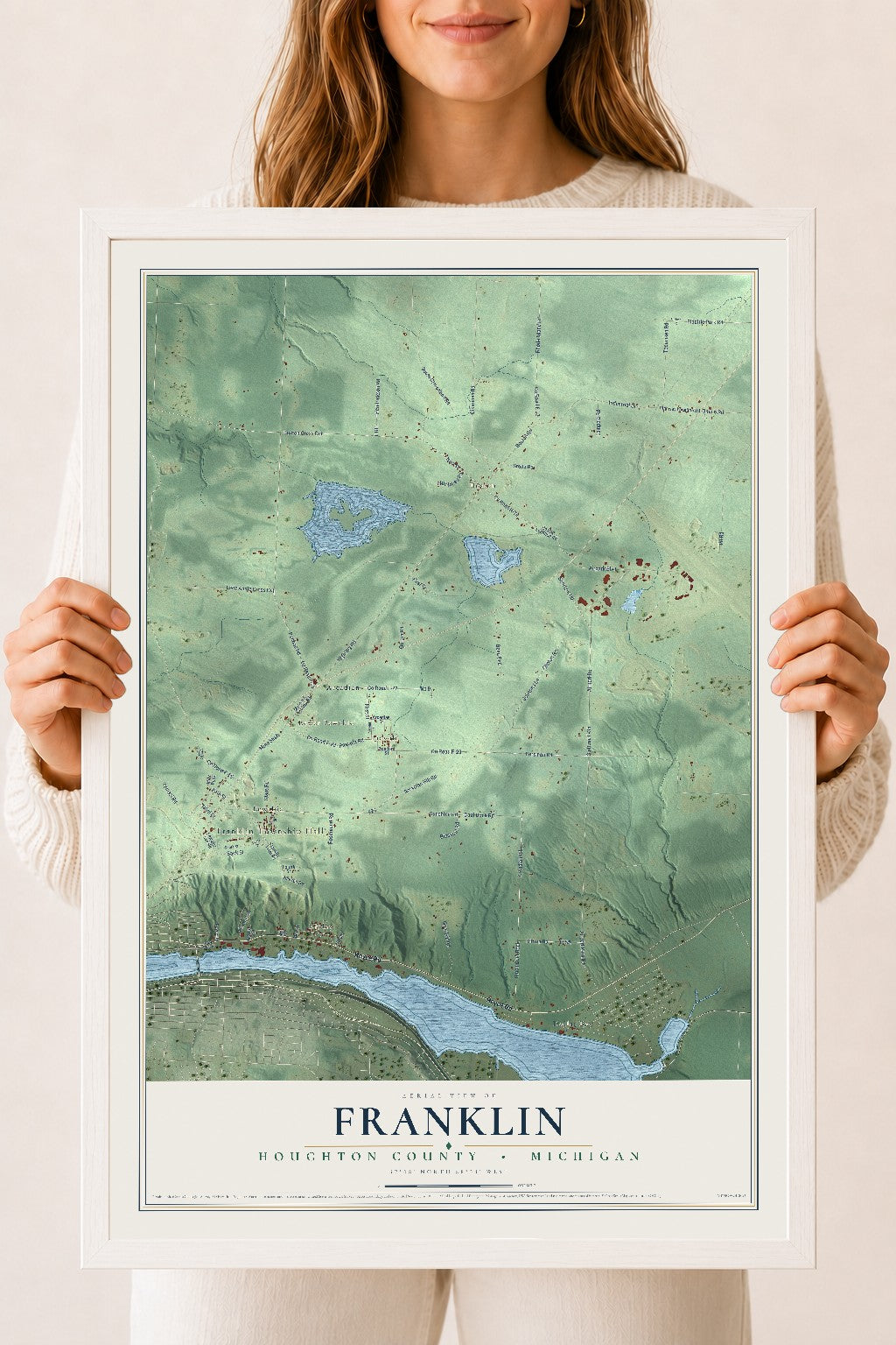 Map of Franklin, Houghton County, Michigan, 18 x 24 inch print in a white wood frame