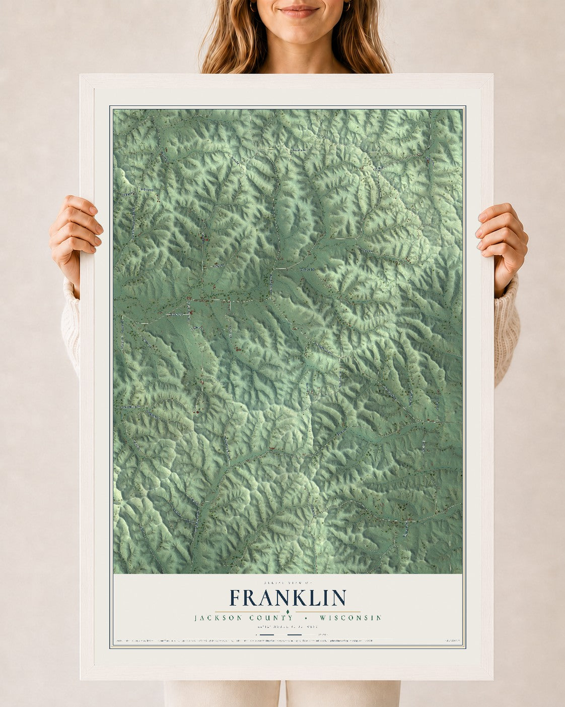 Map of Franklin, Jackson County, Wisconsin, 24 x 36 inch print in a white wood frame