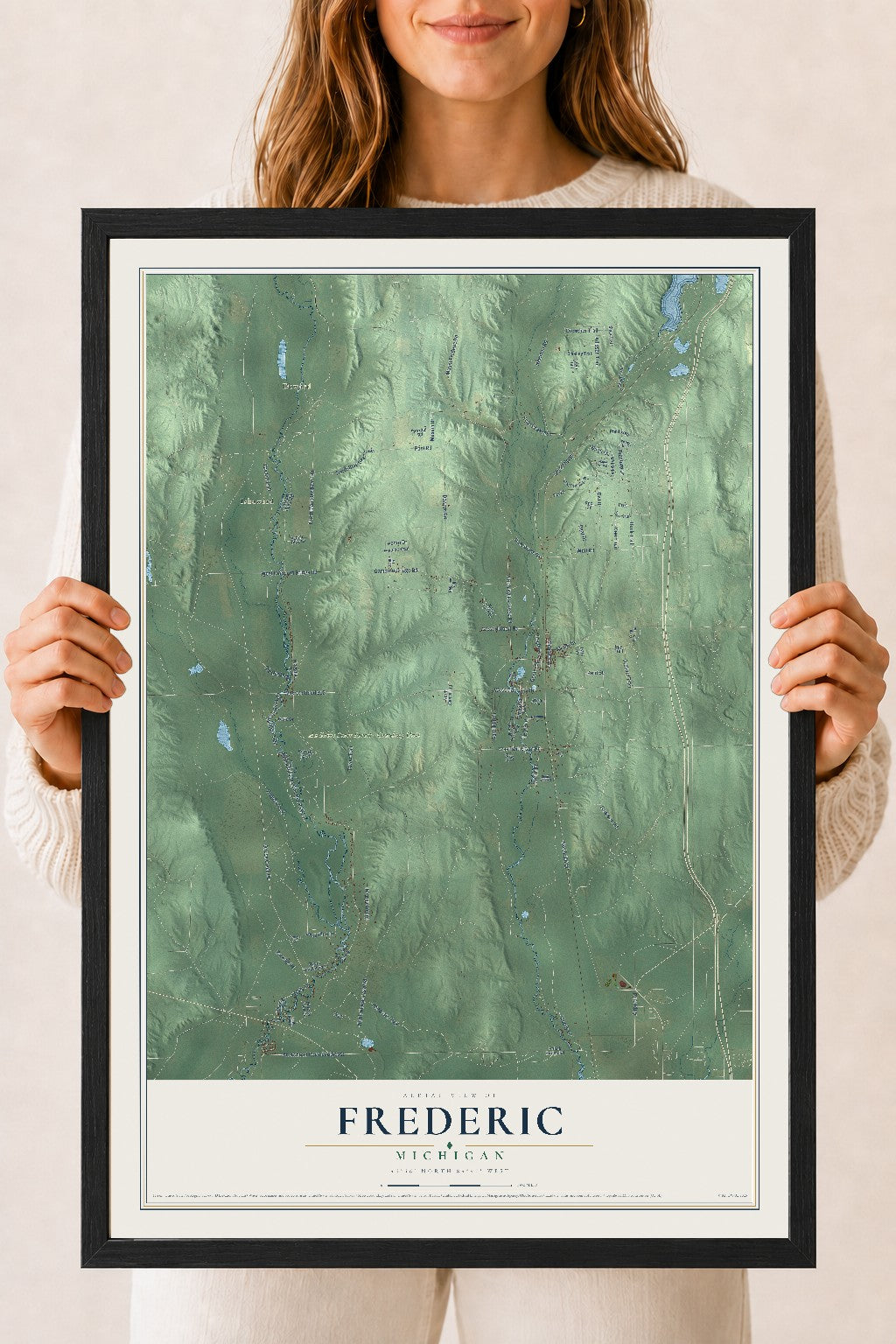 Map of Frederic, Michigan, 18 x 24 inch print in a black wood frame