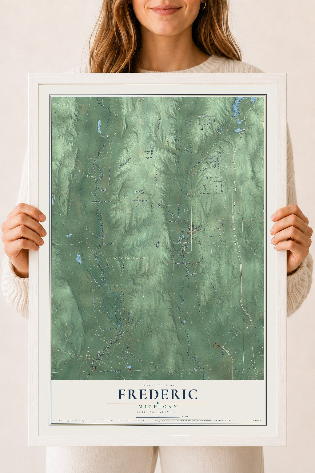 Map of Frederic, Michigan, 18 x 24 inch print in a white wood frame
