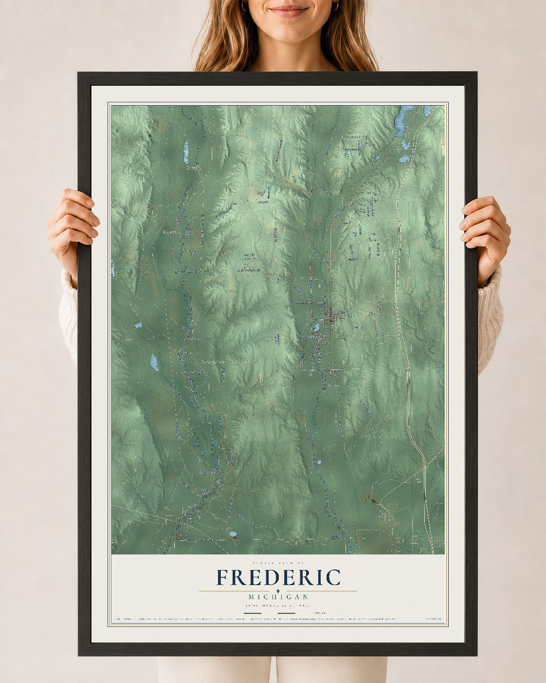 Map of Frederic, Michigan, 24 x 36 inch print in a black wood frame