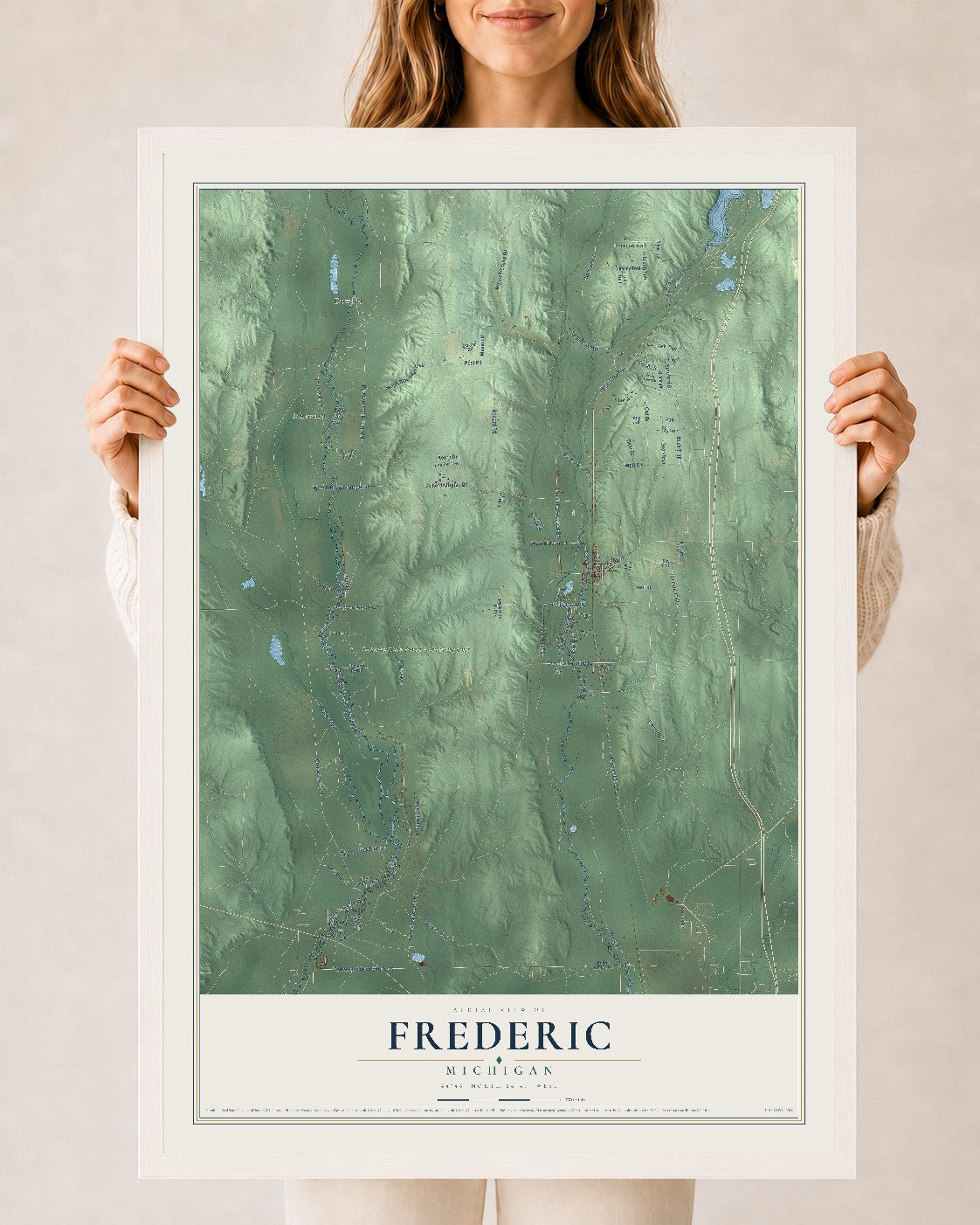 Map of Frederic, Michigan, 24 x 36 inch print in a white wood frame