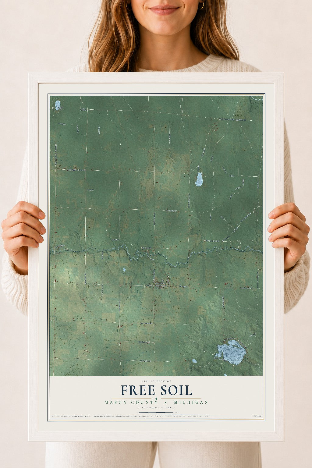 Map of Free Soil, Mason County, Michigan, 18 x 24 inch print in a white wood frame