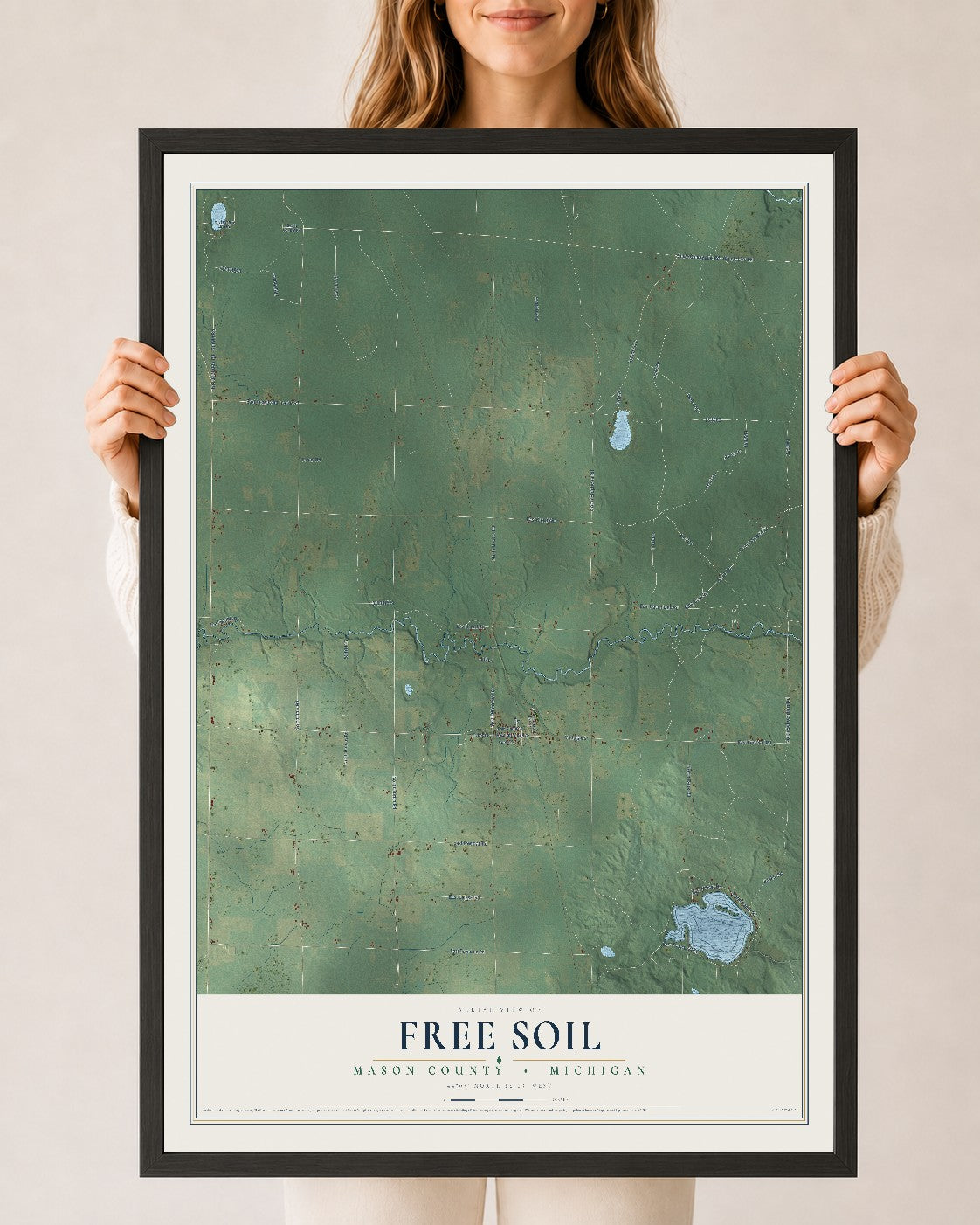 Map of Free Soil, Mason County, Michigan, 24 x 36 inch print in a black wood frame
