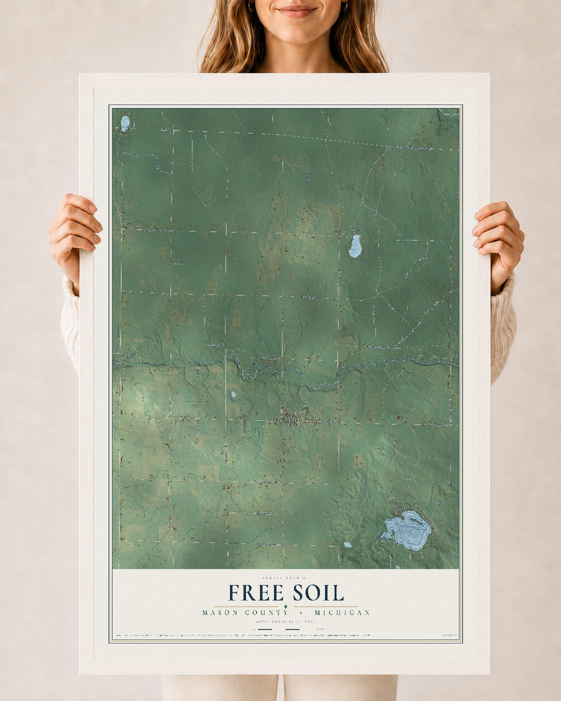 Map of Free Soil, Mason County, Michigan, 24 x 36 inch print in a white wood frame