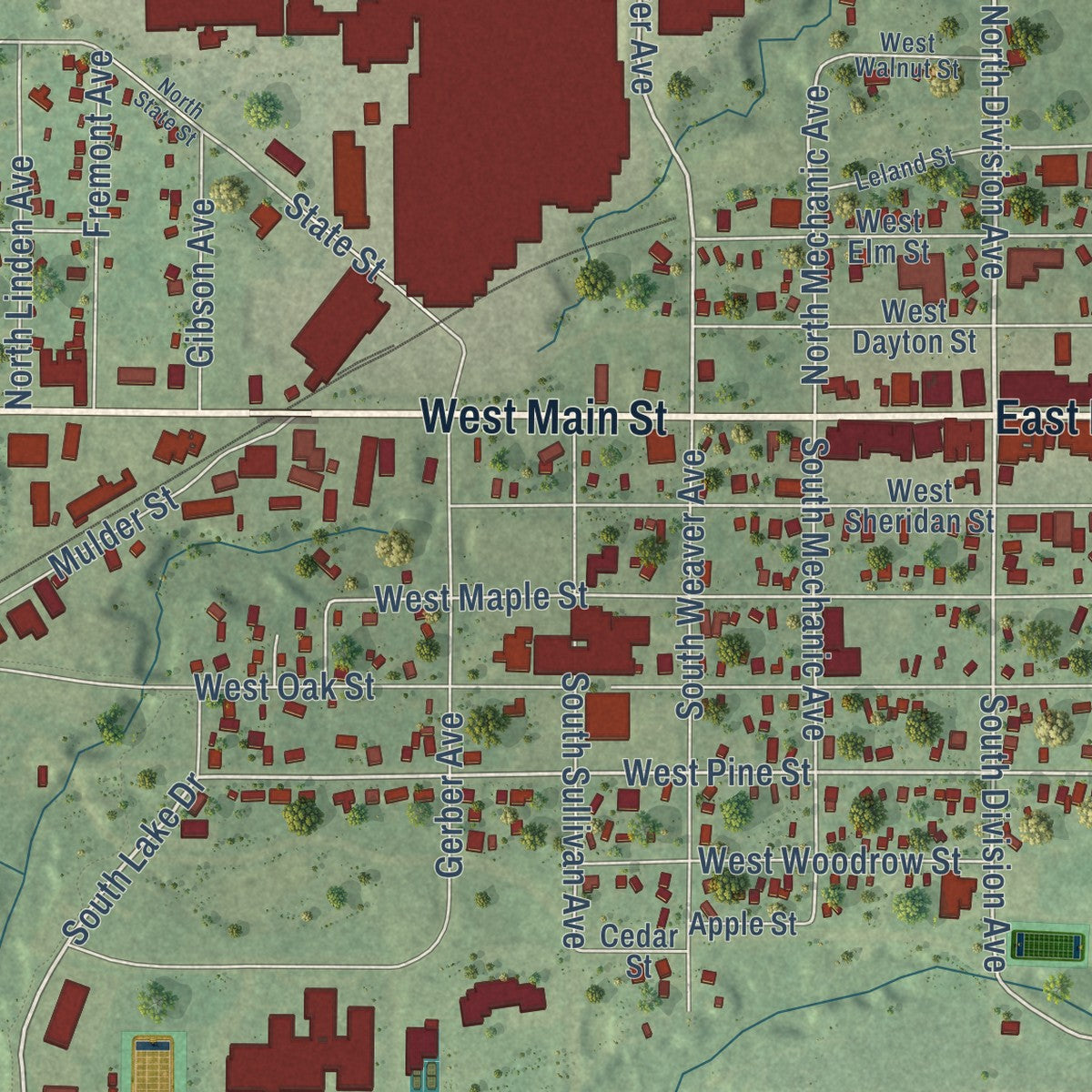Close-up of the map of Fremont, Newaygo County, Michigan print showing street and building detail