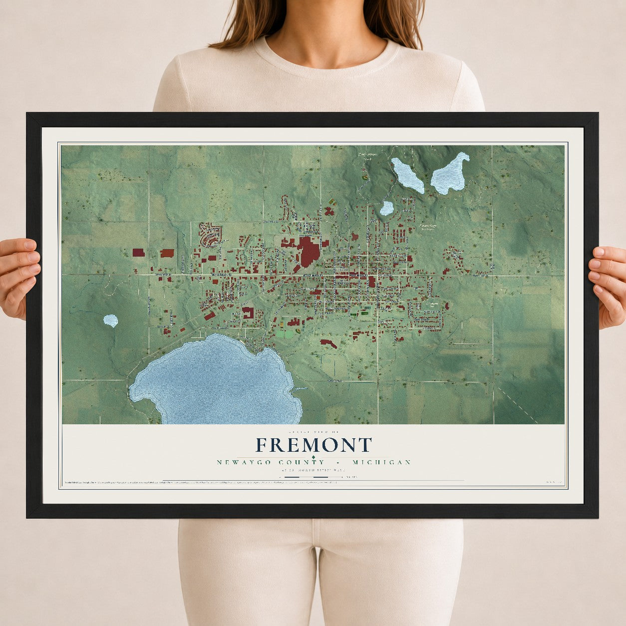 Map of Fremont, Newaygo County, Michigan, 18 x 24 inch print in a black wood frame