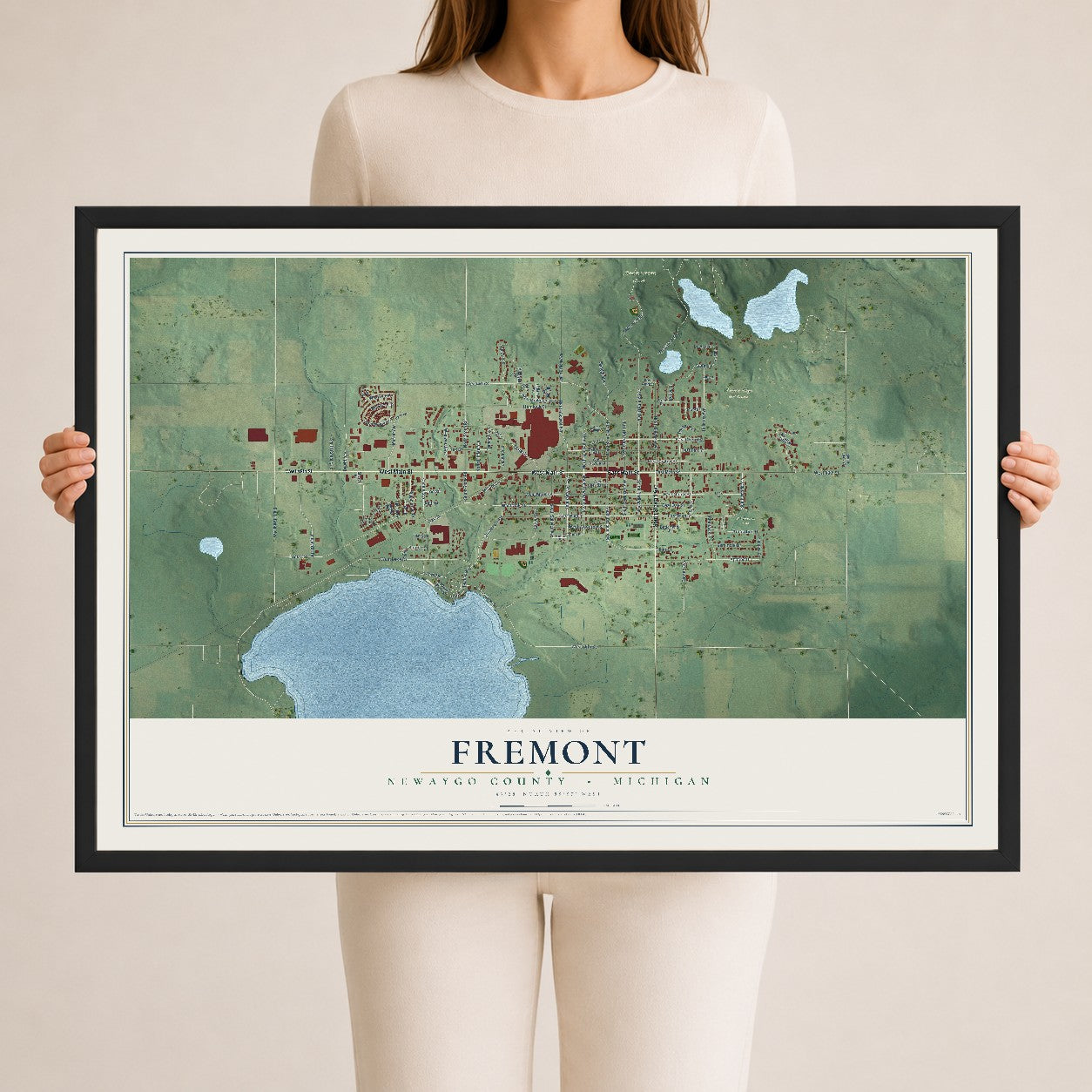 Map of Fremont, Newaygo County, Michigan, 24 x 36 inch print in a black wood frame