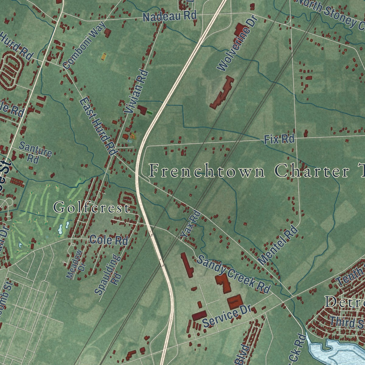 Second close-up of the map of Frenchtown, Michigan print showing more streets and buildings