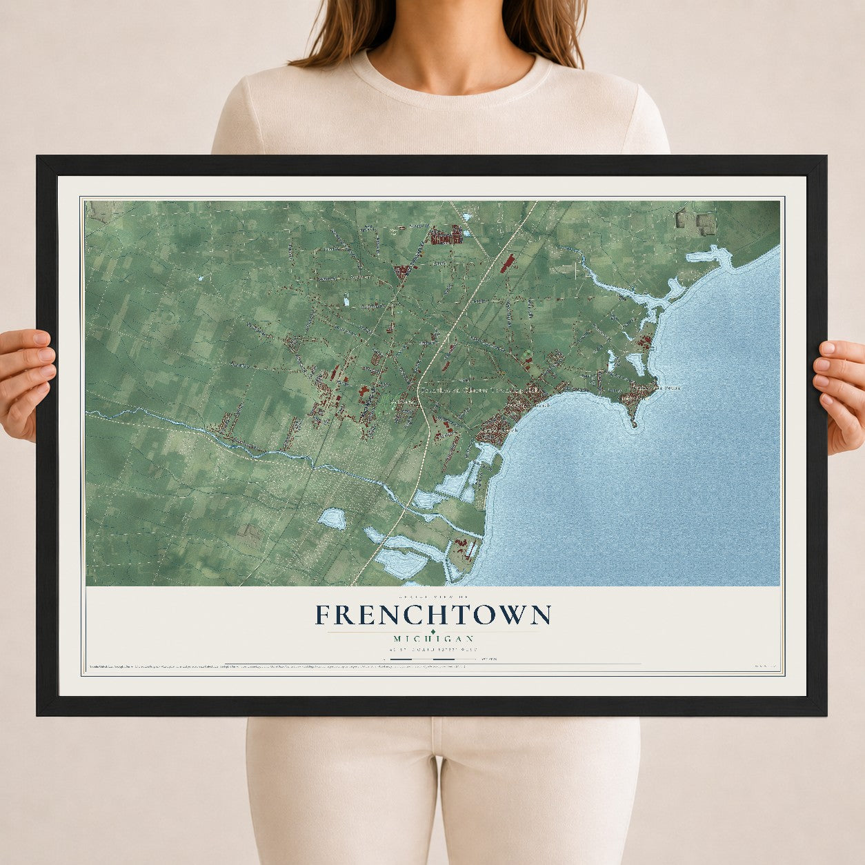 Map of Frenchtown, Michigan, 18 x 24 inch print in a black wood frame