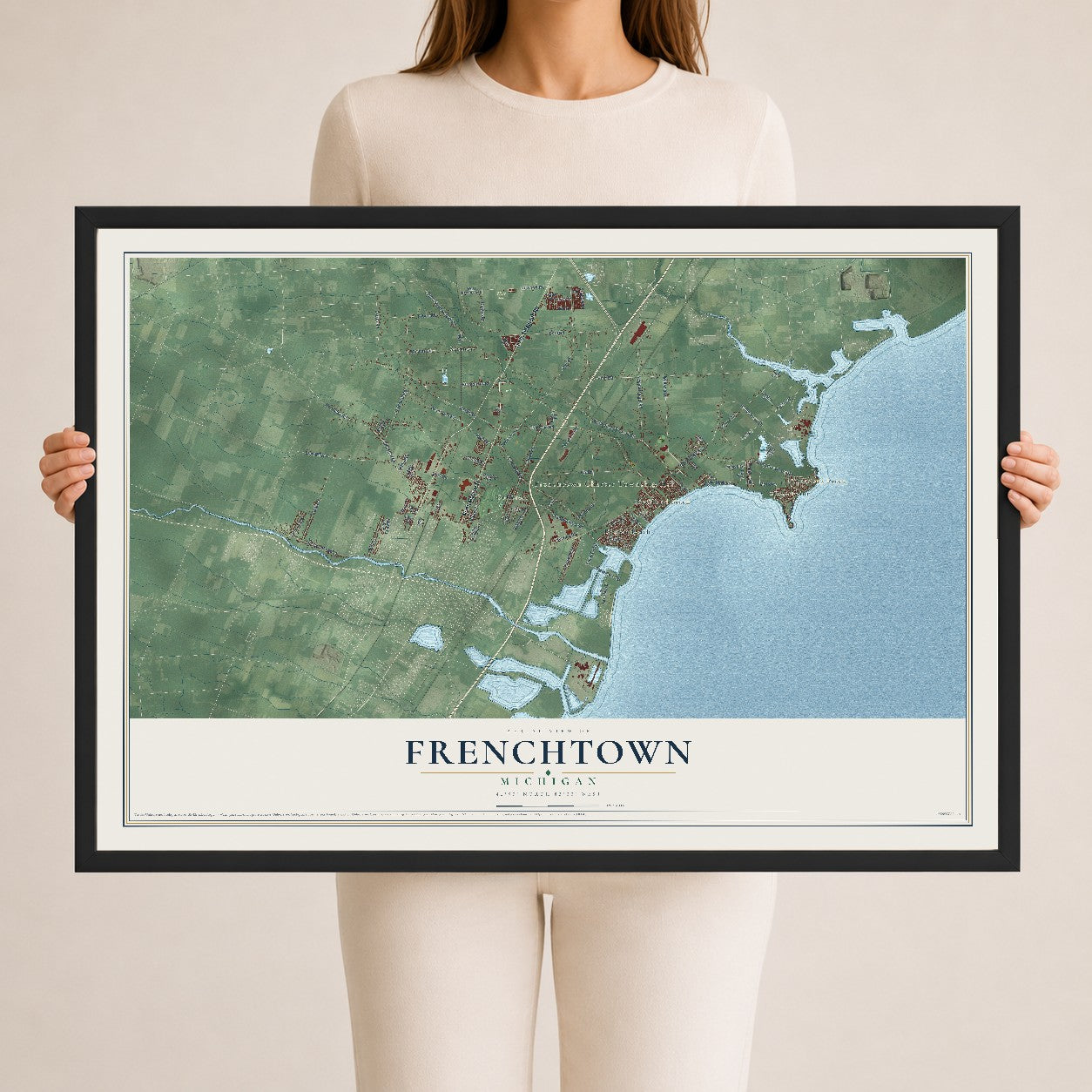 Map of Frenchtown, Michigan, 24 x 36 inch print in a black wood frame