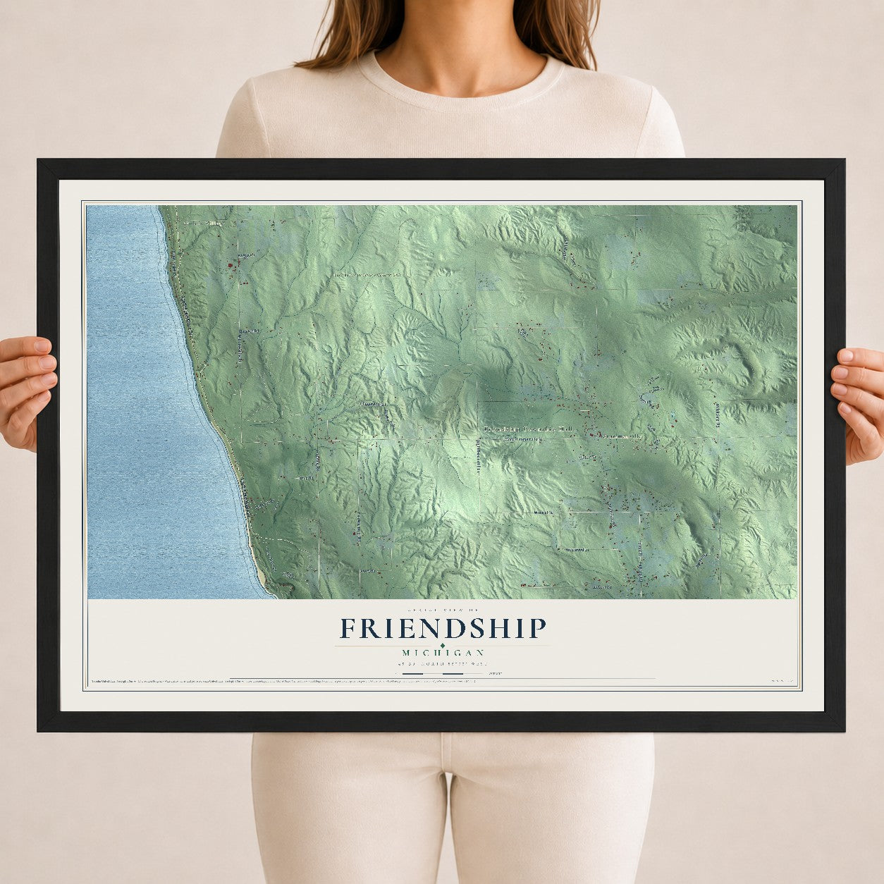 Map of Friendship, Michigan, 18 x 24 inch print in a black wood frame