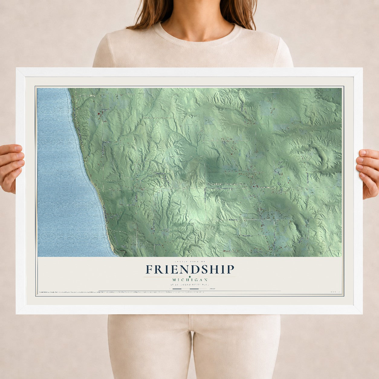 Map of Friendship, Michigan, 18 x 24 inch print in a white wood frame