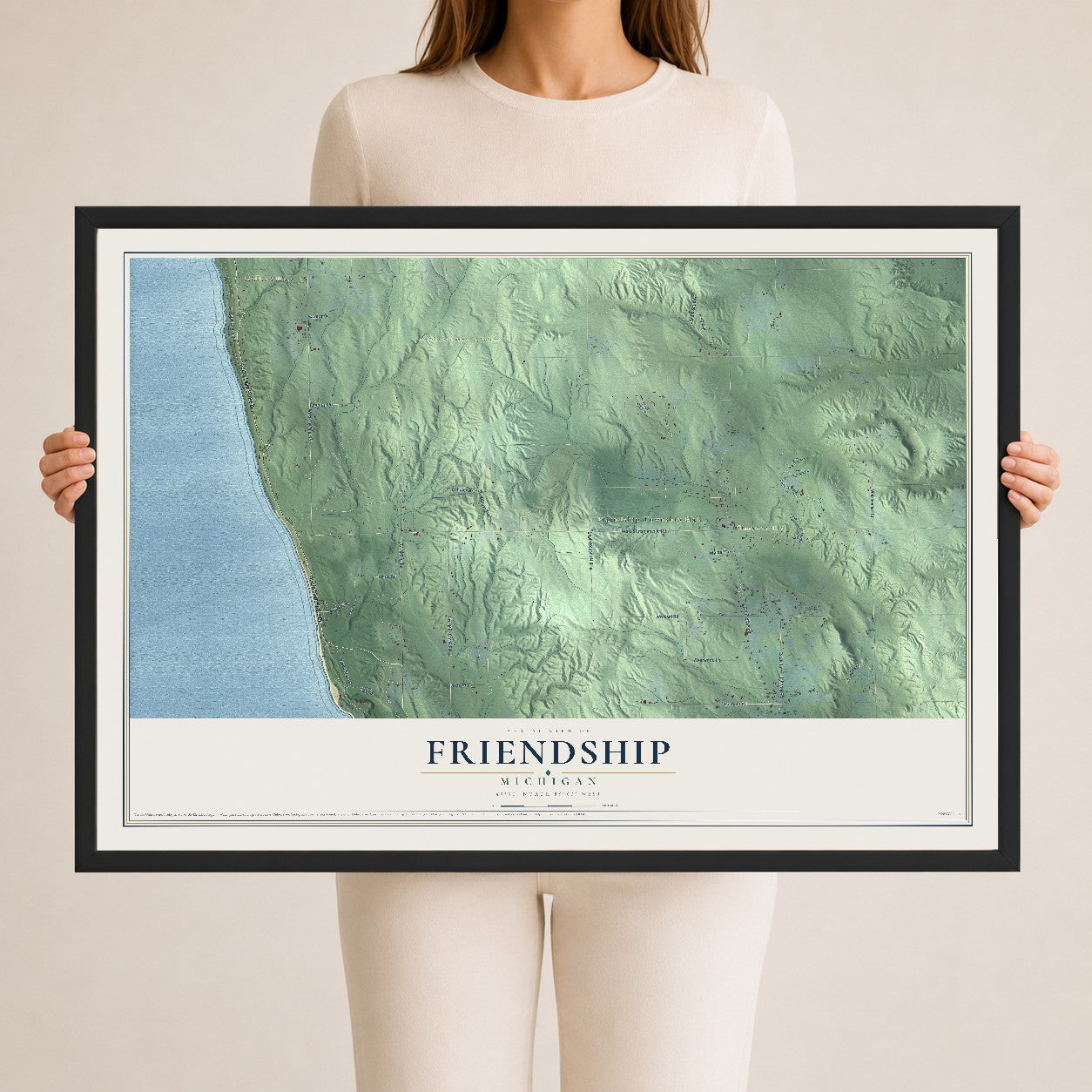Map of Friendship, Michigan, 24 x 36 inch print in a black wood frame
