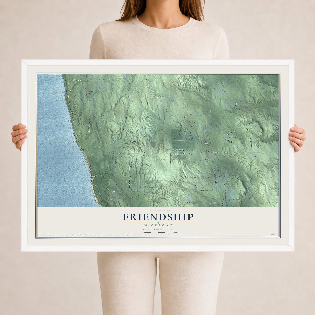 Map of Friendship, Michigan, 24 x 36 inch print in a white wood frame