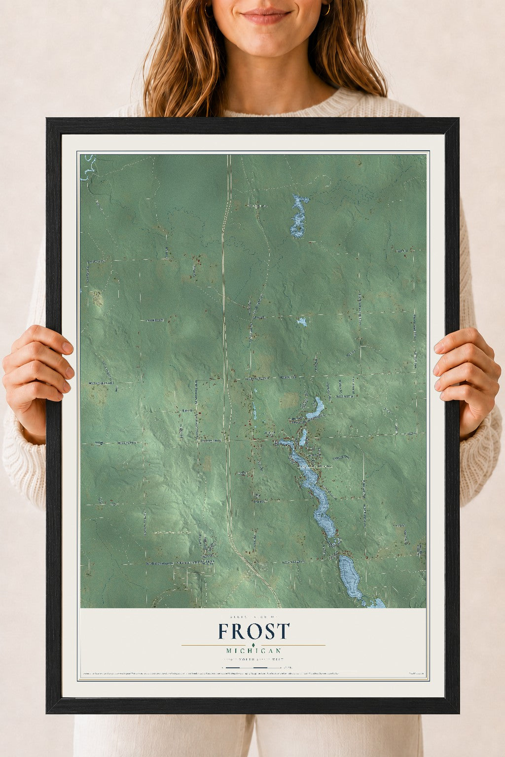 Map of Frost, Michigan, 18 x 24 inch print in a black wood frame