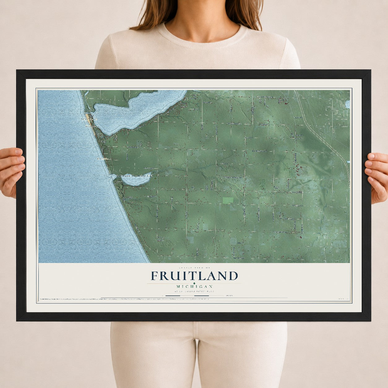 Map of Fruitland, Michigan, 18 x 24 inch print in a black wood frame