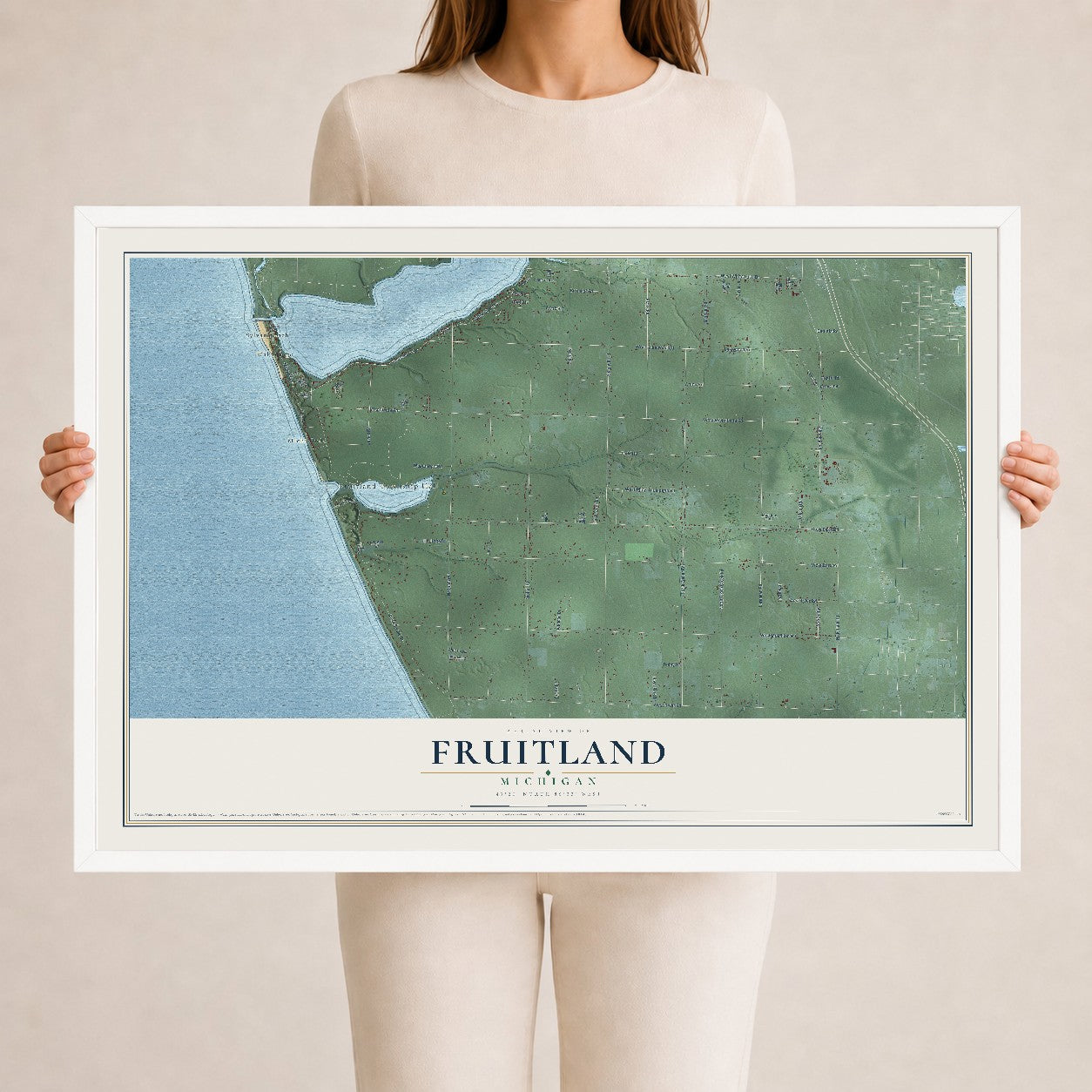 Map of Fruitland, Michigan, 24 x 36 inch print in a white wood frame