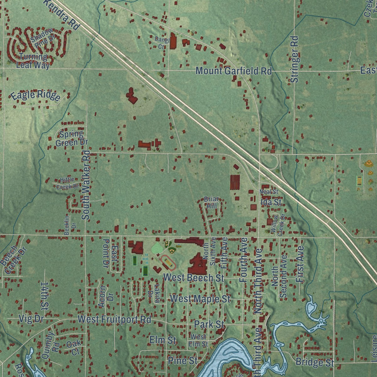Second close-up of the map of Fruitport, Muskegon County, Michigan print showing more streets and buildings