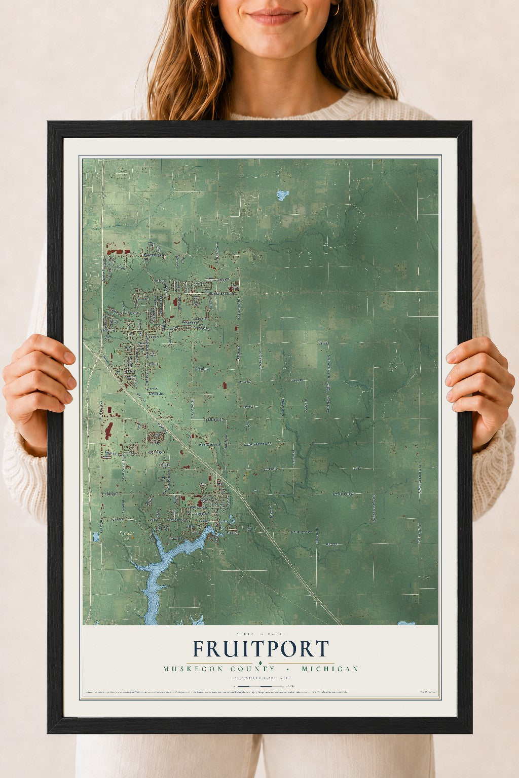Map of Fruitport, Muskegon County, Michigan, 18 x 24 inch print in a black wood frame