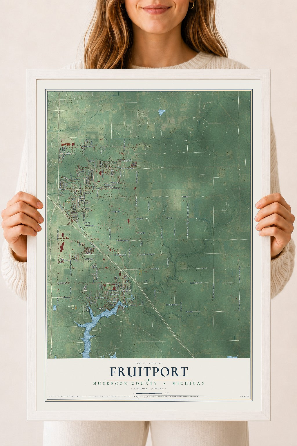Map of Fruitport, Muskegon County, Michigan, 18 x 24 inch print in a white wood frame