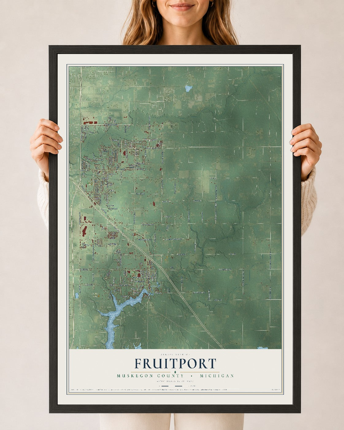 Map of Fruitport, Muskegon County, Michigan, 24 x 36 inch print in a black wood frame