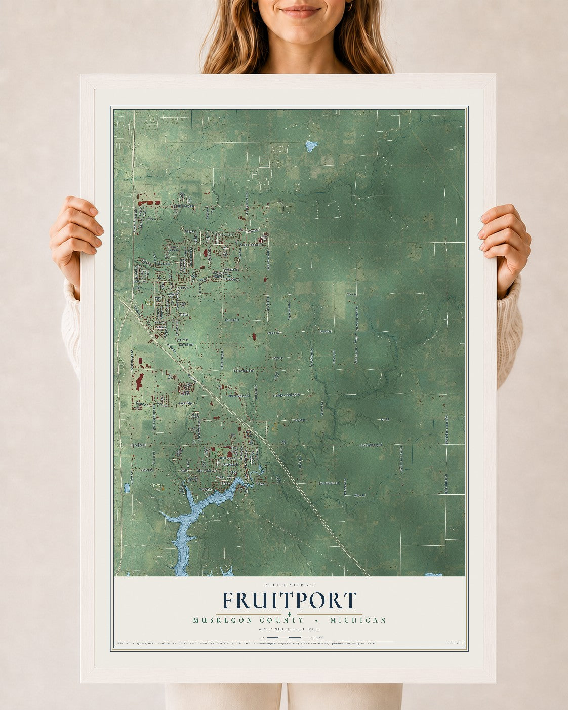 Map of Fruitport, Muskegon County, Michigan, 24 x 36 inch print in a white wood frame