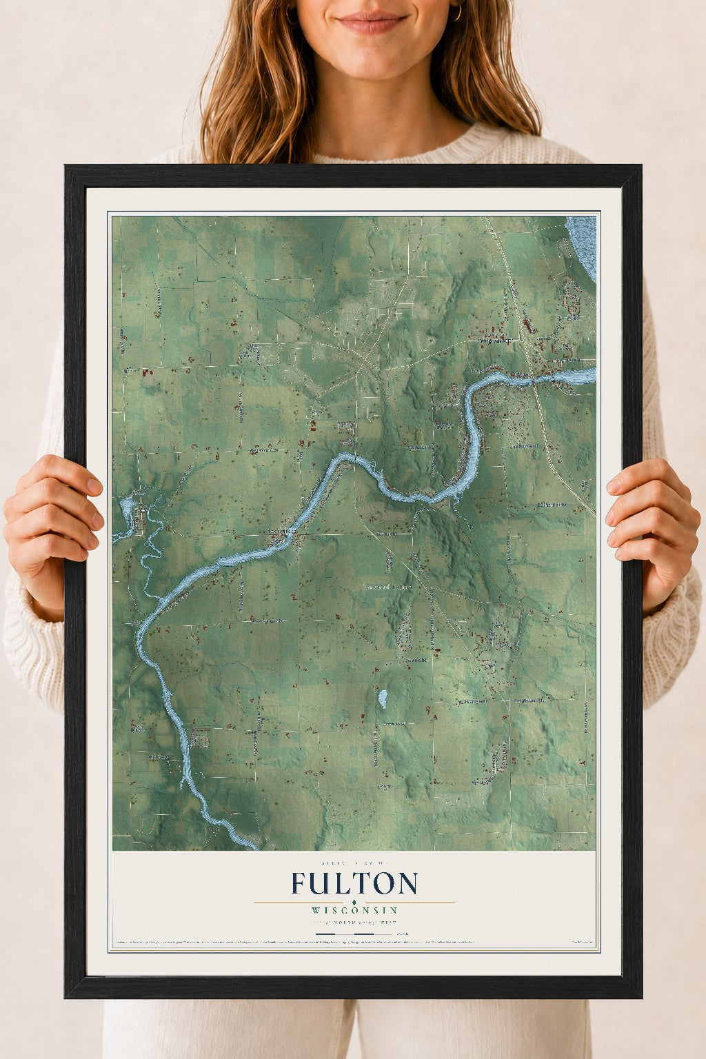 Map of Fulton, Wisconsin, 18 x 24 inch print in a black wood frame