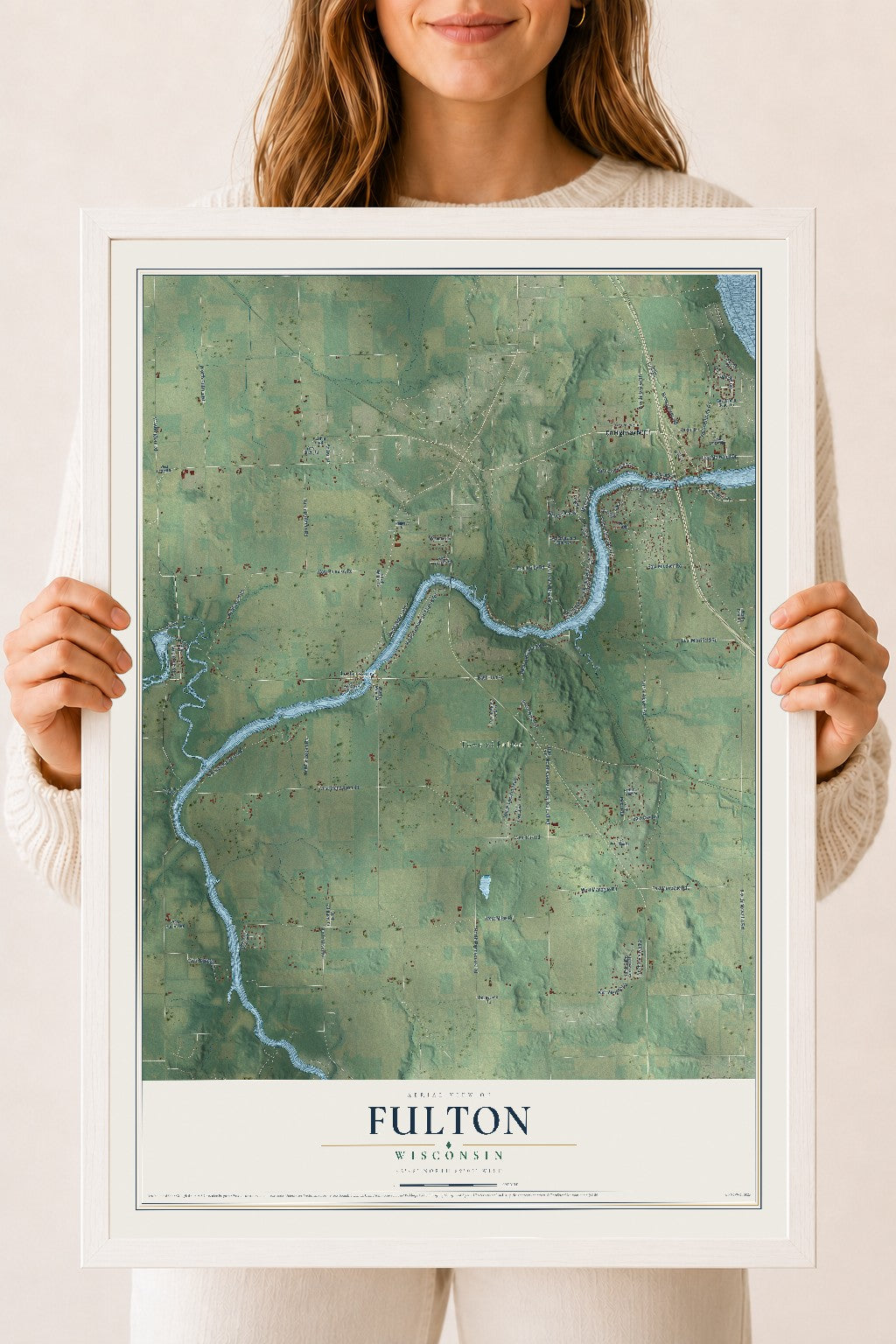 Map of Fulton, Wisconsin, 18 x 24 inch print in a white wood frame