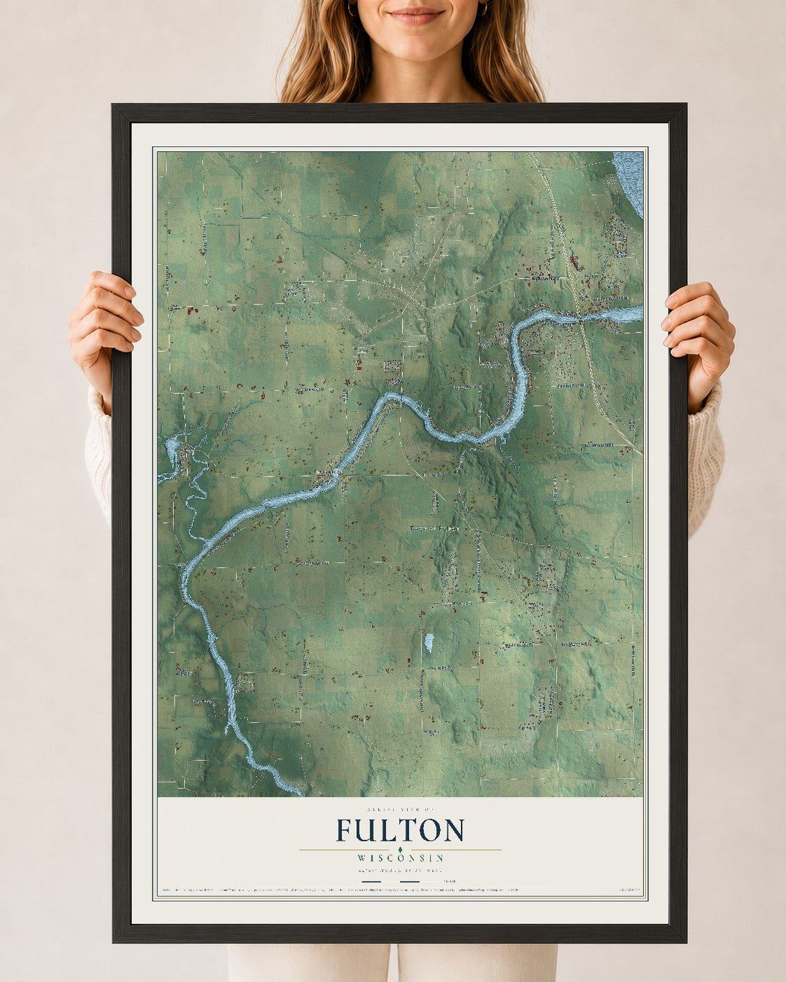 Map of Fulton, Wisconsin, 24 x 36 inch print in a black wood frame